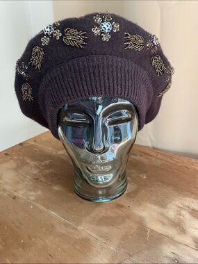 100% Wool Beret Beaded and Sequined Brown Y2K